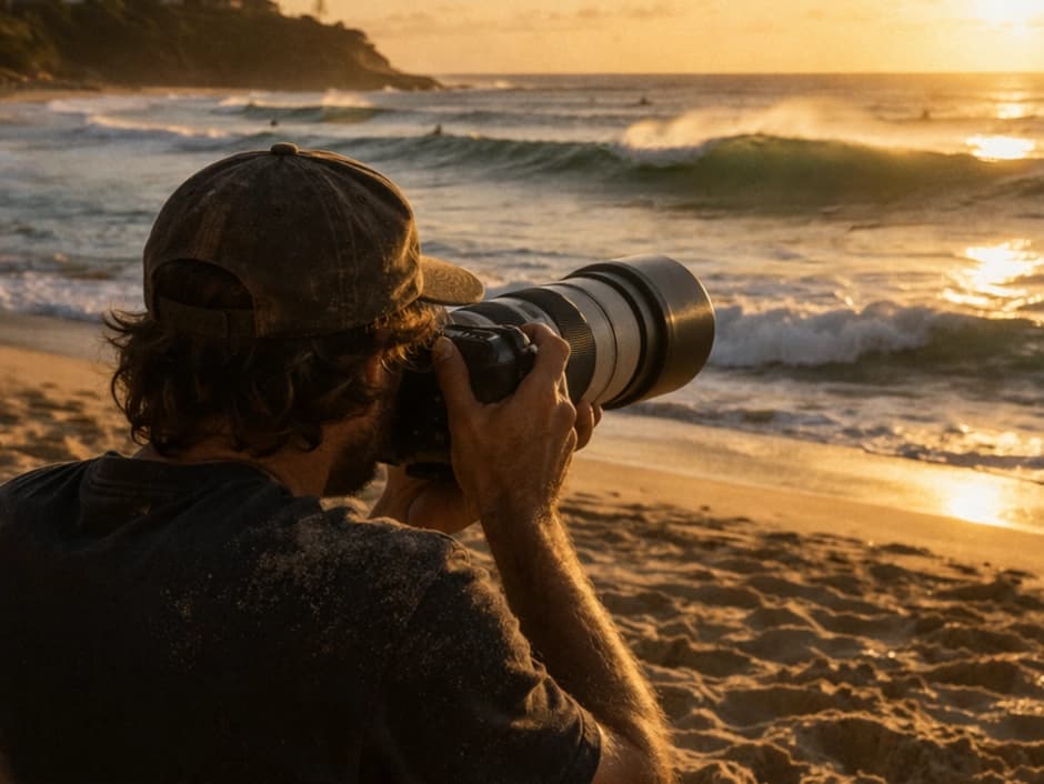 Surf photographer shooting from the beach at sunset